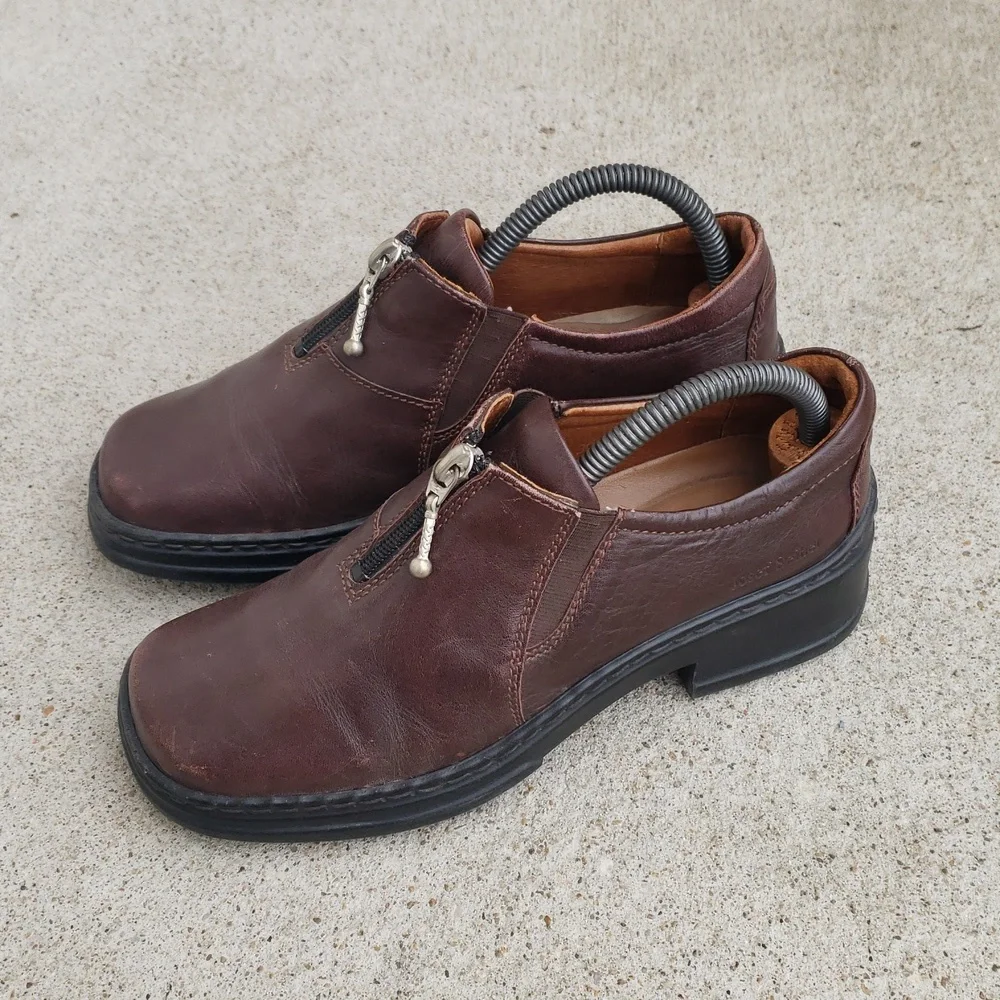 Josef Seibel Brown Zip Leather Chunky Heel Laofers Size 36 Classic Preppy Y2K